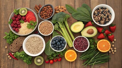 Explore colorful healthy food choices with fresh fruits, grains, and seeds on a rustic wooden table