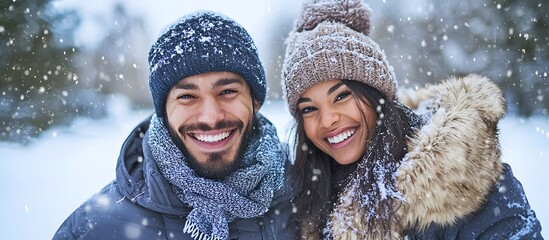 Smiling couple taking a selfie while enjoying a snowy winter vacation in a forest