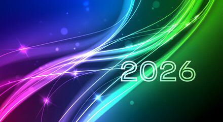 Happy New Year 2026 Vibrant Abstract Background with Glowing Neon Lines and Stars