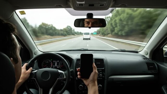 Inside a car, a person holds a phone while driving on a highway. The driver's face appears in the rearview mirror