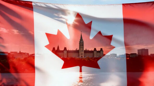 The Canadian flag ripples in the wind while the camera remains still Bright sunlight flares across the red and white fabric as Parliament Hill and the Ottawa River appear softly through the moving