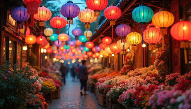 Colorful chinese lanterns illuminate outdoor market street. Flower stalls line path where people walk. Scene presents festive atmosphere and vibrant culture. - Powered by Adobe