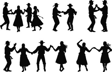 Country folk dance silhouettes couples holding hands, line dancing western outfits, traditional festival celebration, rural culture party vector set