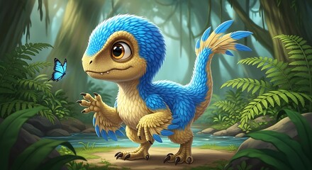 Cute Blue Feathered Dinosaur Meets Butterfly in Lush Forest