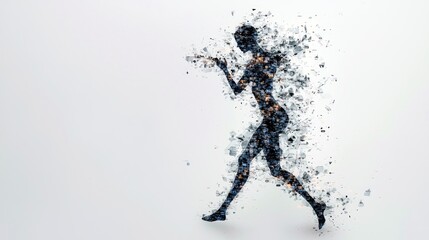 Fototapeta premium A dark silhouette of a person running, with the body appearing to break apart into small, scattered particles and fragments.
