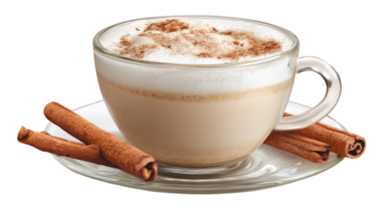 Delicious hot cappuccino coffee drink with chocolate and cream on a white cafe mug