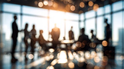 Blurred background of business people in an office meeting room with a bokeh effect and sunlight, creating an abstract or blurry stock photo template for various commercial uses. High quality