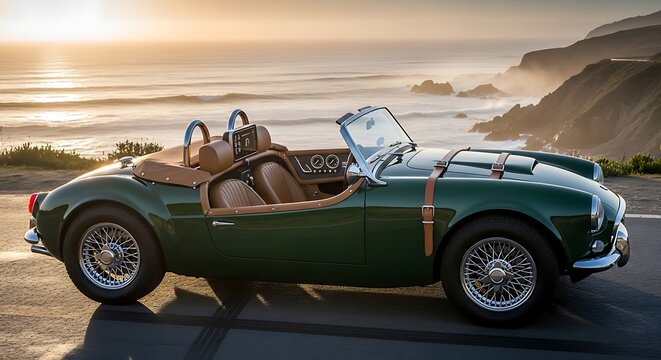 Fototapeta Vintage Green Convertible Car on Coastal Road at Sunset