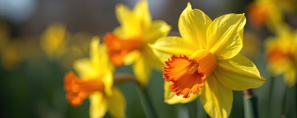 Fototapeta premium Bright yellow and orange daffodils in full bloom on a sunny day. Flowers grow in the garden with green leaves and stems. Beautiful spring flowers outdoors.