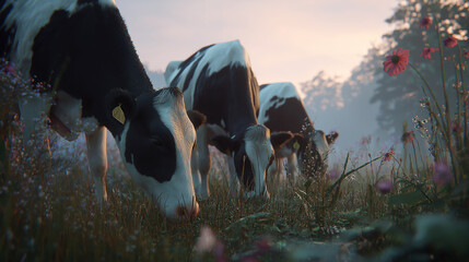 Holstein cows graze in a sunlit pasture. Dawn light casts a glow over flowers and cattle.