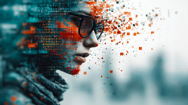 A young woman with glasses and a scarf, her profile dissolving into digital pixels. The scene conveys themes of technology and transformation.