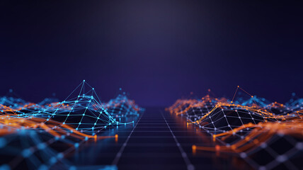 Futuristic digital landscape of interconnected nodes and lines in blue and orange hues network