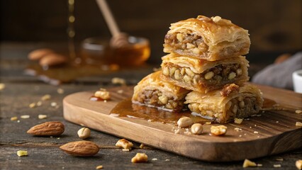Fototapeta premium Delightful stack of golden Greek baklava drizzled with honey on a rustic wooden board