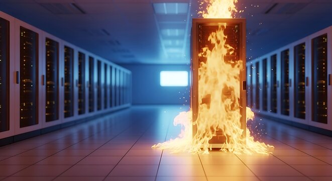 A server rack is on fire in a data center, showing the potential for disaster and the importance of data security and backup systems