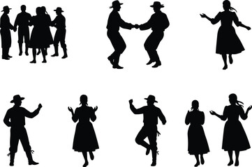 Folk dance silhouettes with cowboy and cowgirl figures, traditional country festival people dancing, rural culture celebration poses, vector set