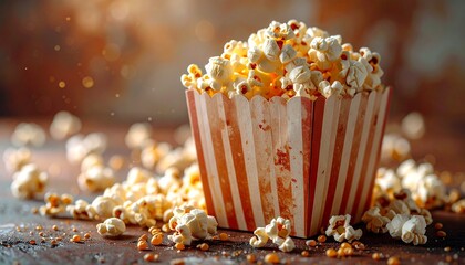 A striped container overflowing with popcorn, some scattered on a wooden surface.