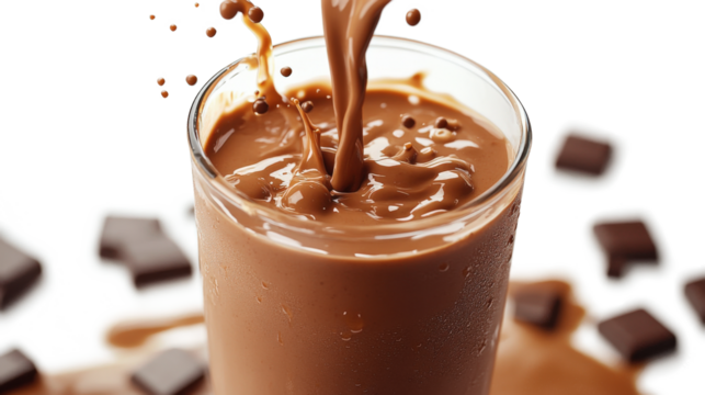 Chocolate milkshake pouring into glass isolated on a transparent background