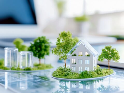 A miniature model of a modern house with trees and cylindrical structures is displayed on a reflective surface, suggesting a blueprint or design.