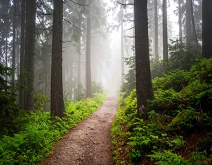 A narrow path through a dense, green forest with tall trees and a misty, foggy atmosphere. The path leads toward light