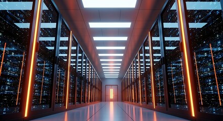 Futuristic server room with glowing lights and data racks, creating a hightech and modern atmosphere, showcasing the infrastructure of the digital age