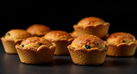 A close-up shot of several miniature, golden-brown savory baked pastries, perfectly round and ready for a delightful appetizer spread ,pastry ,studio light ,cuisine