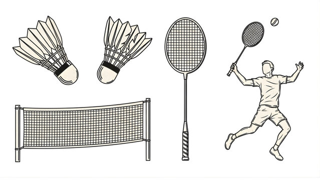 Dynamic set of badminton elements, featuring shuttlecocks, a net, a racket, and a player engaged in the sport, ideal for illustrating game concepts and sports themes