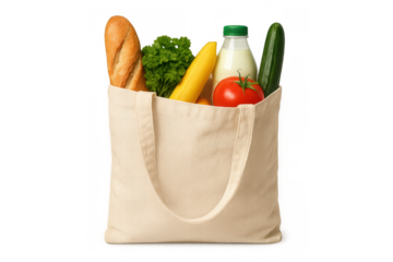 Reusable grocery bag full of fresh food items, promoting sustainable shopping and healthy eating habits