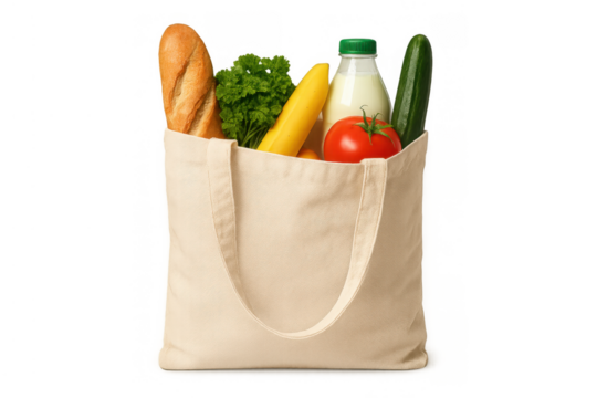 Reusable grocery bag full of fresh food items, promoting sustainable shopping and healthy eating habits