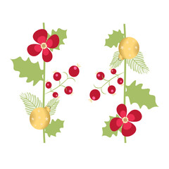 vector illustration of berries,Christmas wreath,with pine branches,round Christmas tree toy gold color,Christmas plant,berry red color,green,equine fot cristmas