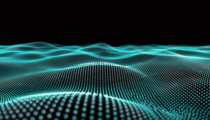 Glowing turquoise digital wave pattern with light particles on black background abstract