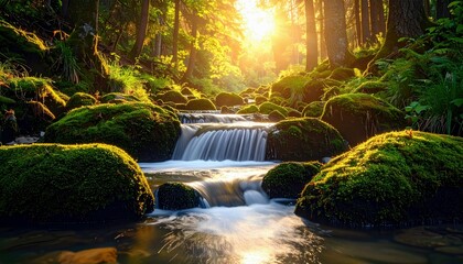 A serene forest scene with a stream flowing over mossy rocks, bathed in warm sunlight.
