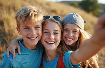 Three happy friends, two girls and a boy, taking a selfie outdoors. They smile together during a sunny day trip, enjoying their adventure. This photo captures youthful fun and connection.