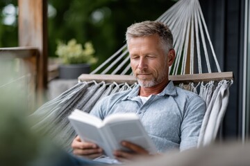 Man reading a book in a cozy hammock with coffee, surrounded by green plants, symbolizing relaxation and slow living; ideal for wellness articles and lifestyle marketing.