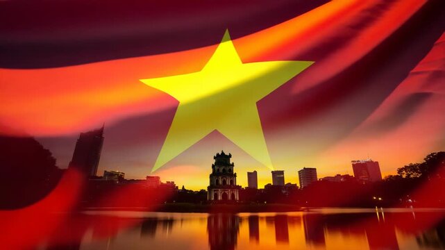 A vibrant Vietnam flag fluttering in slow motion against a sunset city skyline, creating an inspiring patriotic scene suitable for travel videos, national celebrations, presentations, and educational 