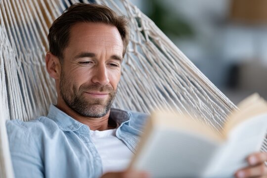 Man reading a book in a cozy hammock with coffee, surrounded by green plants, symbolizing relaxation and slow living; ideal for wellness articles and lifestyle marketing.