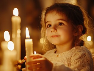 Little girl lighting candles in warm golden light, symbolizing remembrance, hope and quiet faith; perfect for holiday cards, spiritual articles or campaigns about tradition and family.