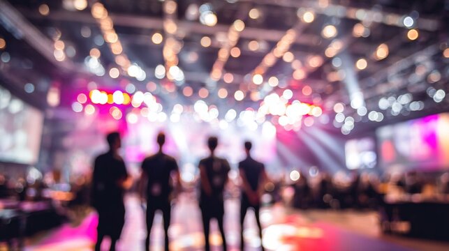 A team of event planners organizing a large event, blurred background. High quality