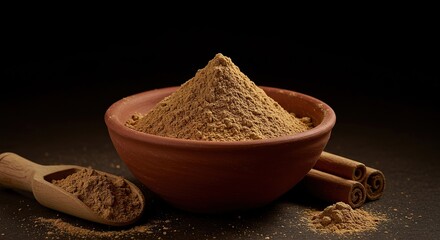 A close-up view of fine, natural powder in an earthen bowl, evoking ancient rituals and holistic well-being practices ,detox ,bowl ,plant based