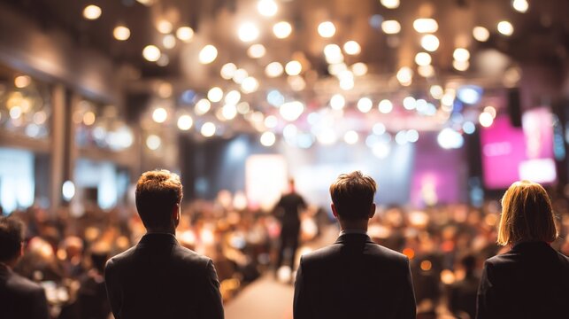 A team of event planners organizing a large event, blurred background. High quality