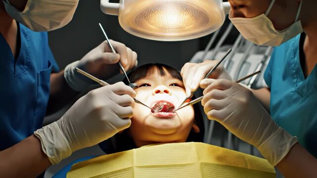 Young girl receiving dental treatment from two dentists with masks on