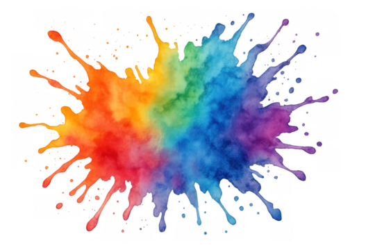 Vibrant rainbow color powder explosion splash creating an abstract watercolor art background with transparent alpha channel