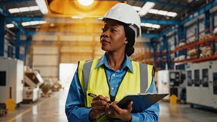 African american woman worker inspecting a warehouse by writing on a clipboard. Industrial production and manufacturing worker at the workplace. - Powered by Adobe