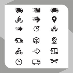 Rapid logistics, shipping, and delivery service icons: trucks, packages, cyclist, location, speed, time, and receiving