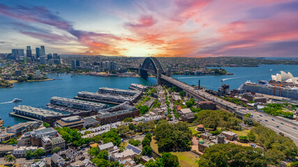 18 November 2025 Panoramic night view of Sydney Harbour and City Skyline of NSW Australia beautiful colourful skies on a beautiful spring day