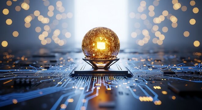 A luminous golden sphere sits atop a circuit board, radiating light and symbolizing the convergence of technology, innovation, and the limitless possibilities of ai