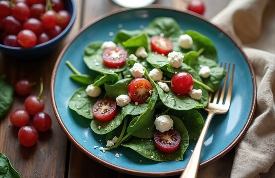 Fresh spinach leaves mixed with cherry tomatoes and feta cheese on a blue ceramic plate. Gold fork lies on the plate. Red grapes in a bowl on wooden table. - Powered by Adobe