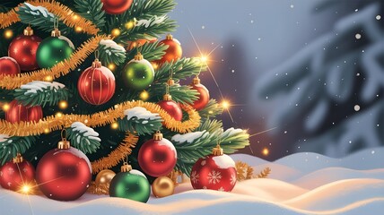 Merry christmas and happy new year card with copy-space.Happy snowman standing in christmas landscape.Snow background