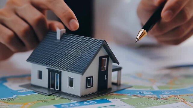 Hands arranging a miniature house model on top of architectural plans
