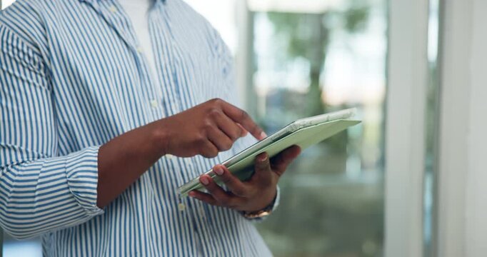 Office, scroll or hands with tablet for programming, monitor system performance or routine maintenance. Man, application test or programmer with tech for software update, project development or IT