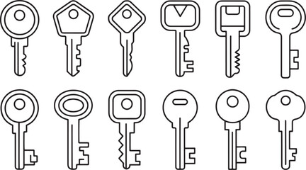 Minimal outline key icons set featuring various shapes and lock designs for security, access, interface UI elements, modern vector illustration